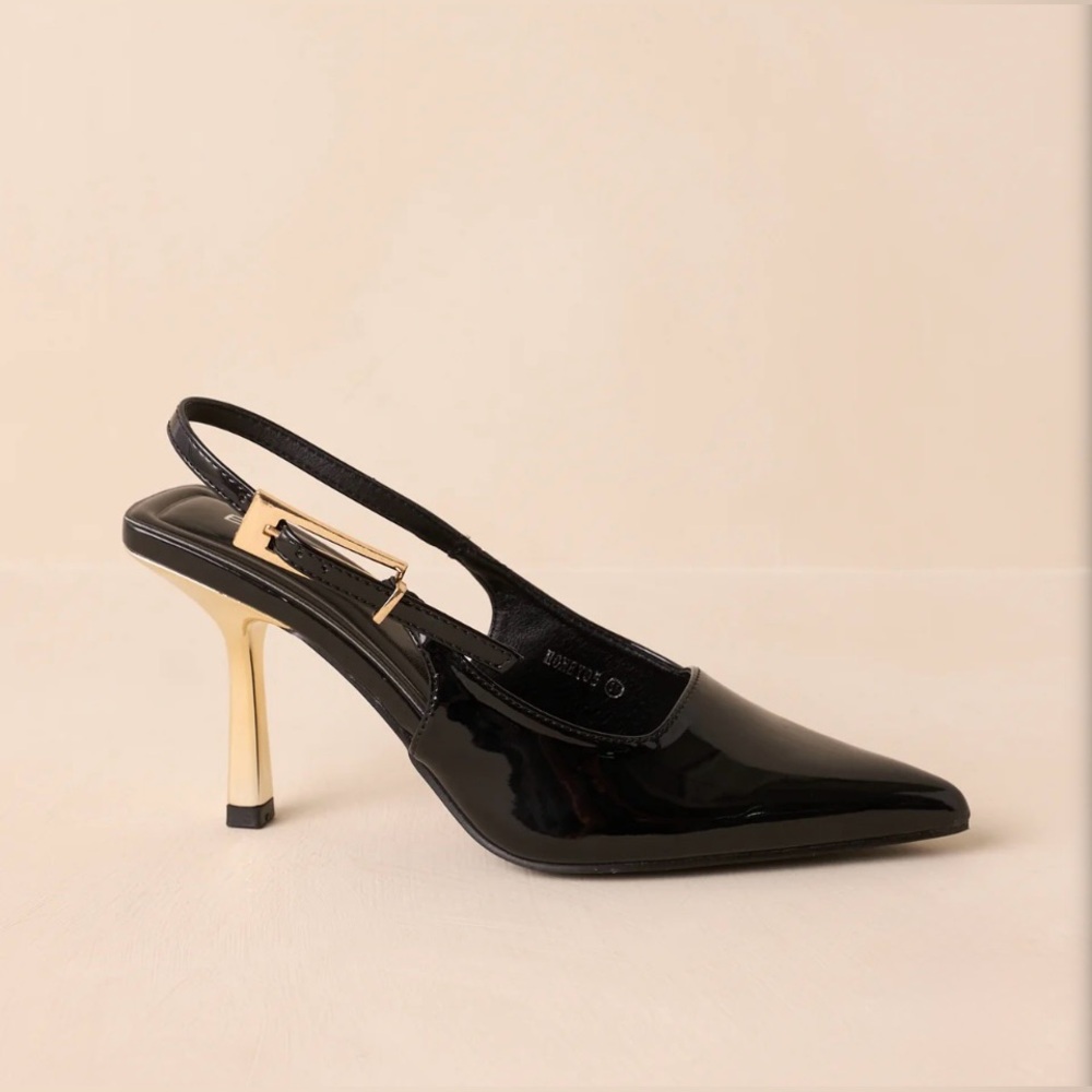 Black Patent Leather Slingback Heels | 3.25” Gold Heel | 6.5 | NIB